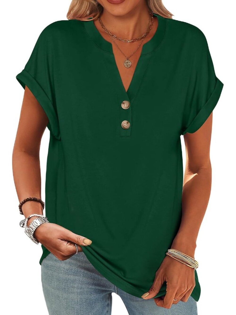 Women's Dark Green Summer Short Sleeve Henley V Neck Dressy Fashion Top Blouses